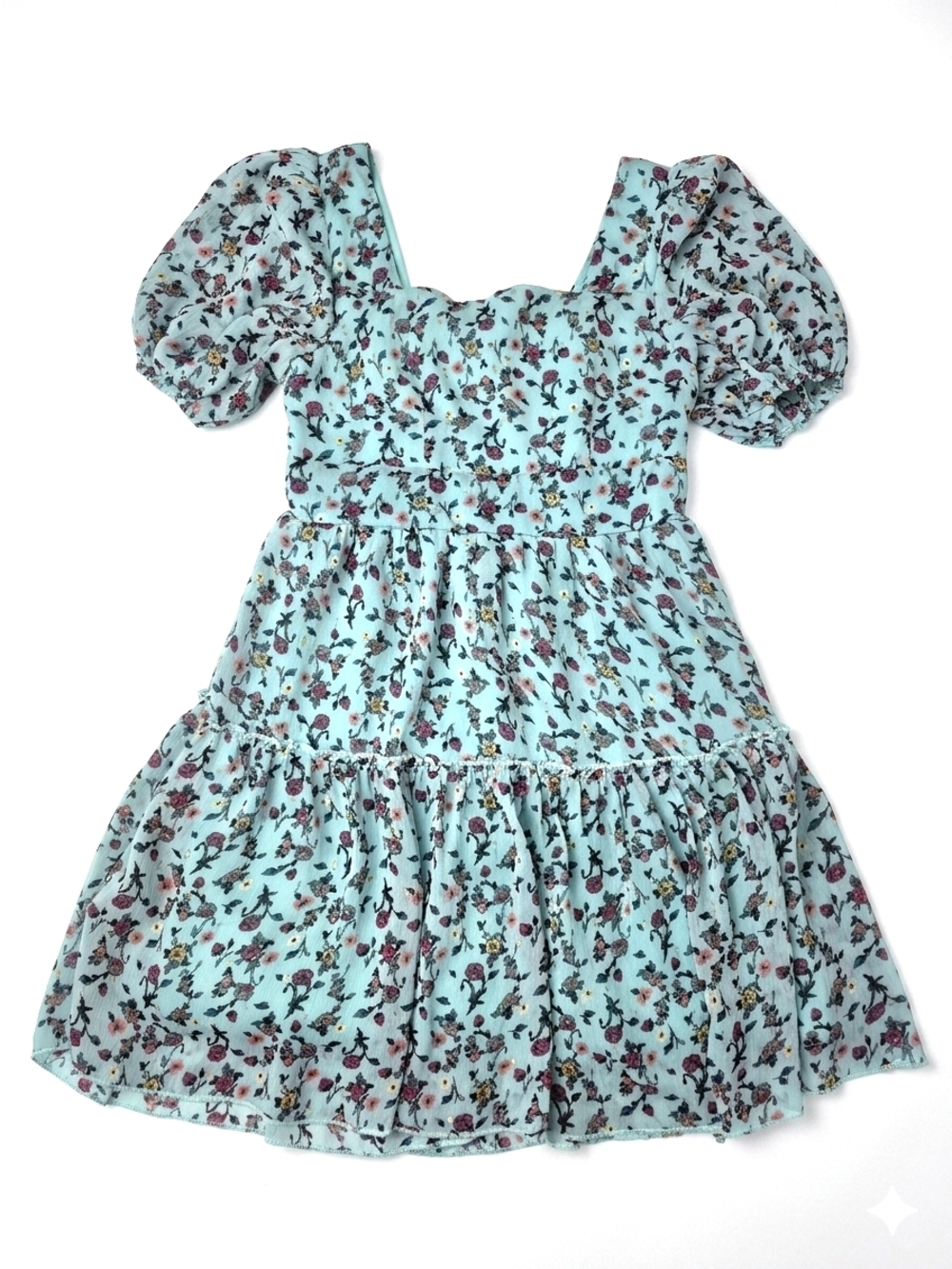 Zunie Girls Floral Puff Sleeve Dress Blue Metallic Gold Silver Accents 6/6X